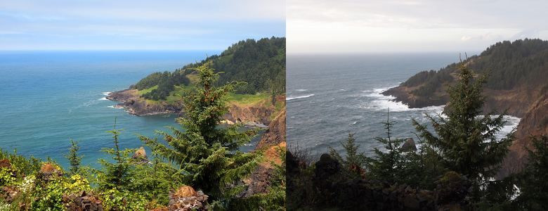 [The sunny image is on the left and the cloudy one on the right. Multi-colored blue water is in and around the jut of land which shapes this grass and evergreen tree-covered bay on the left image. The right image has battleship gray water, overcast skies, and the ground is more brown than green.]